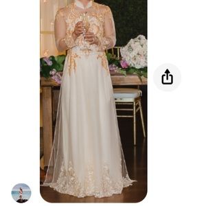 Vietnamese ao dai white cream gold dress with hat